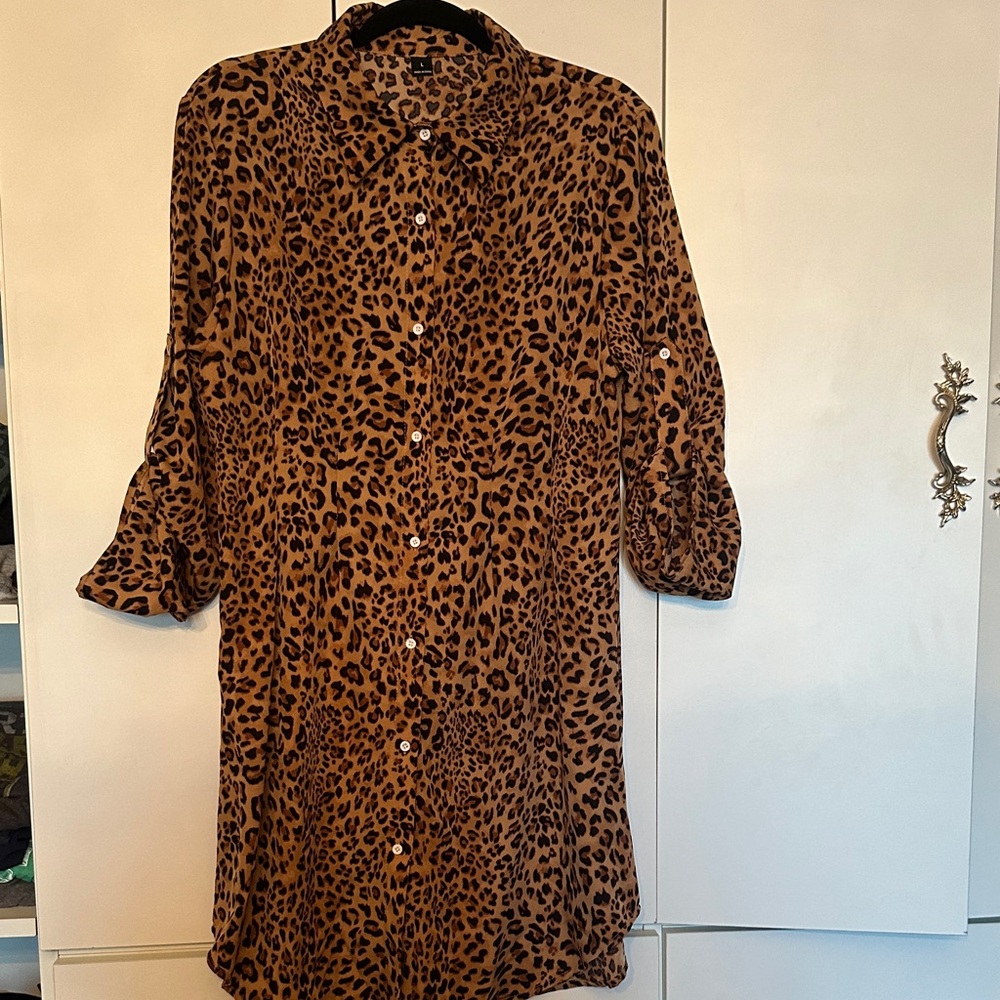 Leopard Print Shirt Dress - Brown